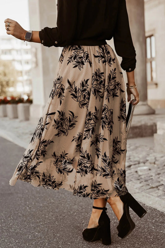 A Summer Essential: Apricot Floral Leaves Embroidered High Waist Maxi Skirt