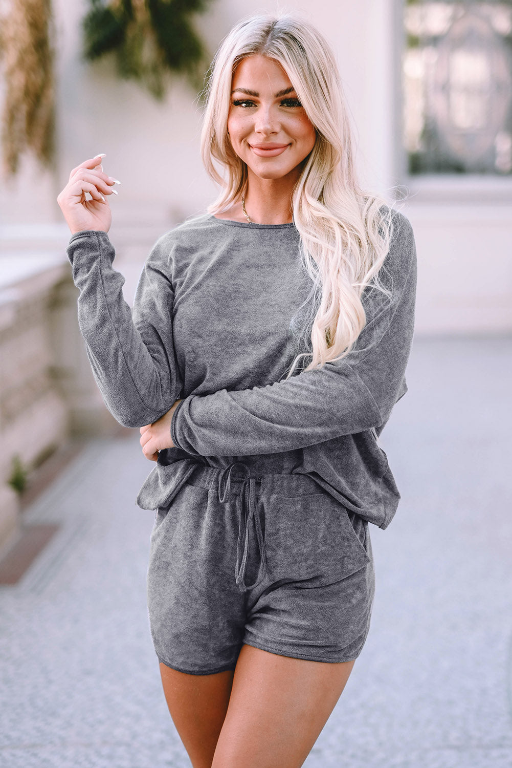 Gray Long Sleeve Top and Drawstring Shorts Lounge Set