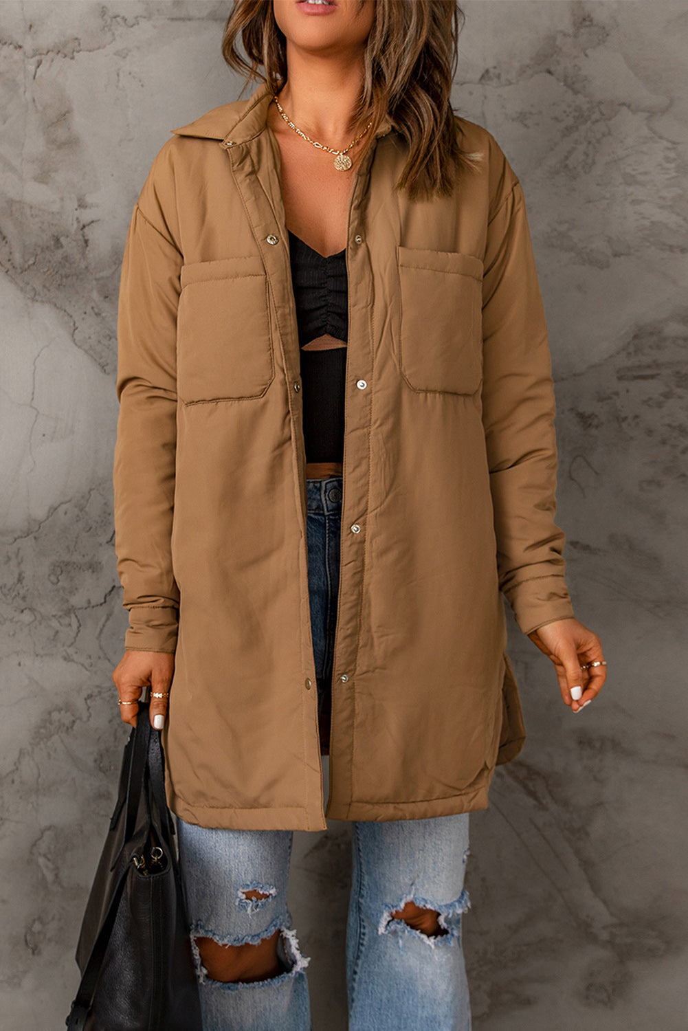 Brown Button Down Padded Jacket with Pockets