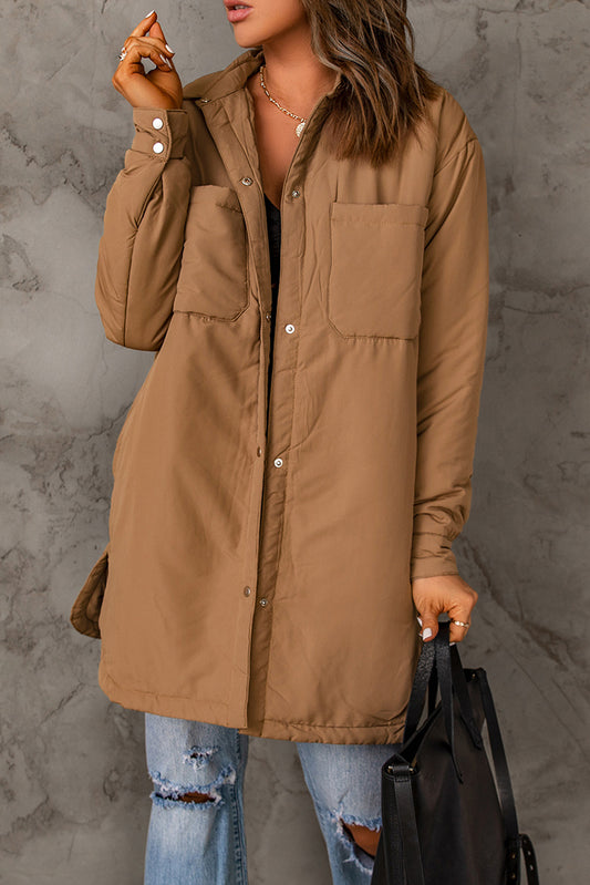 Brown Button Down Padded Jacket with Pockets