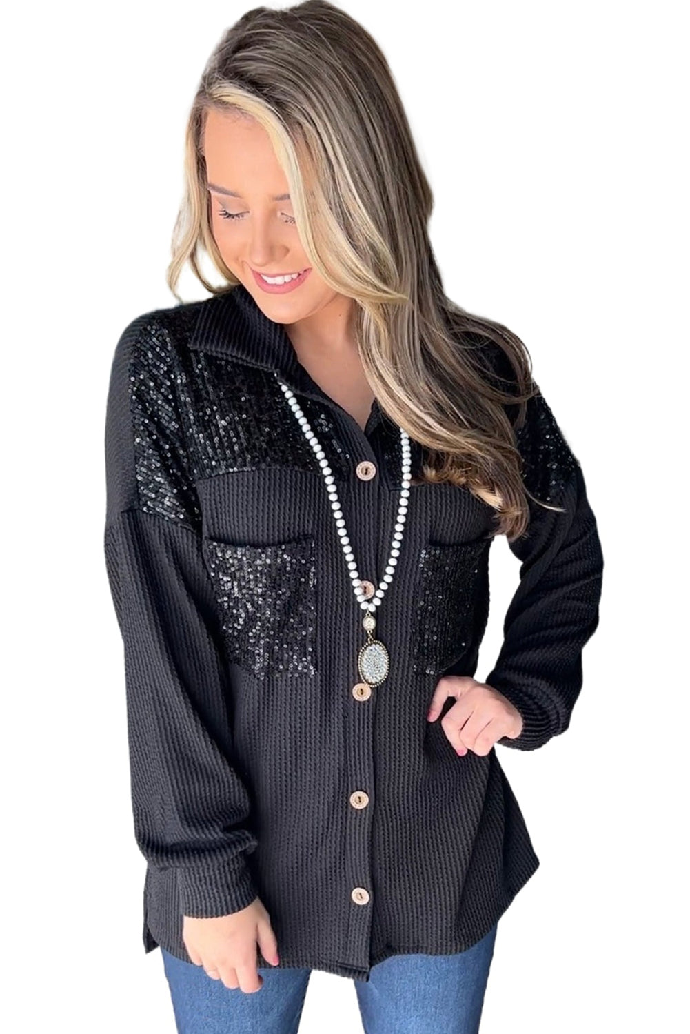 Parchment Sequin Patch Chest Pocket Corded Shacket