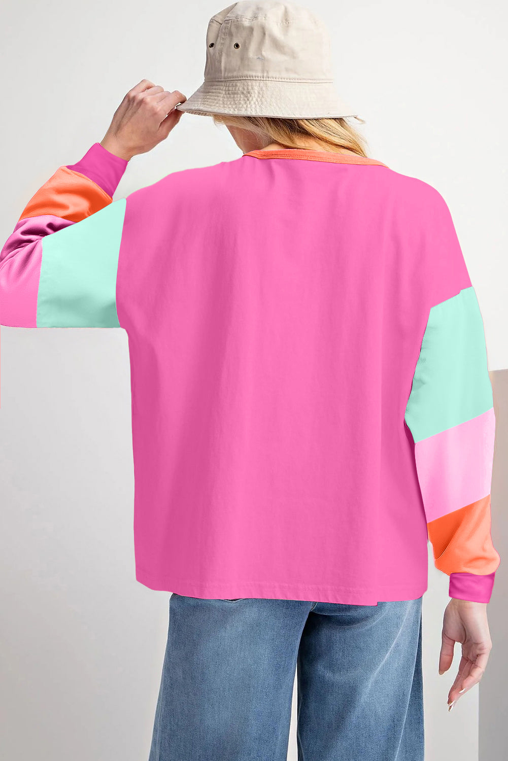 Light Blue Colorblock Patchwork Long Sleeve Loose Top