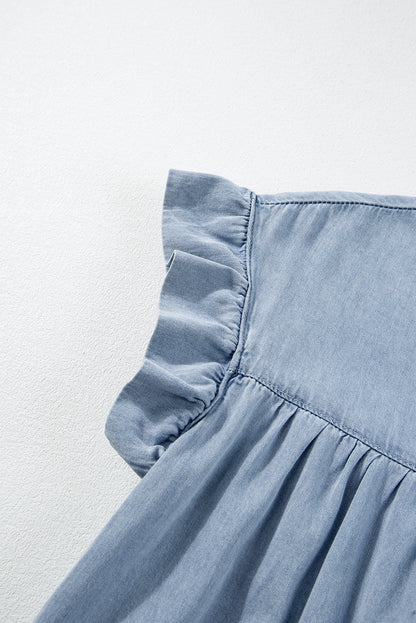 Beau Blue Ruffle Short Sleeve Tiered A-line Denim Dress