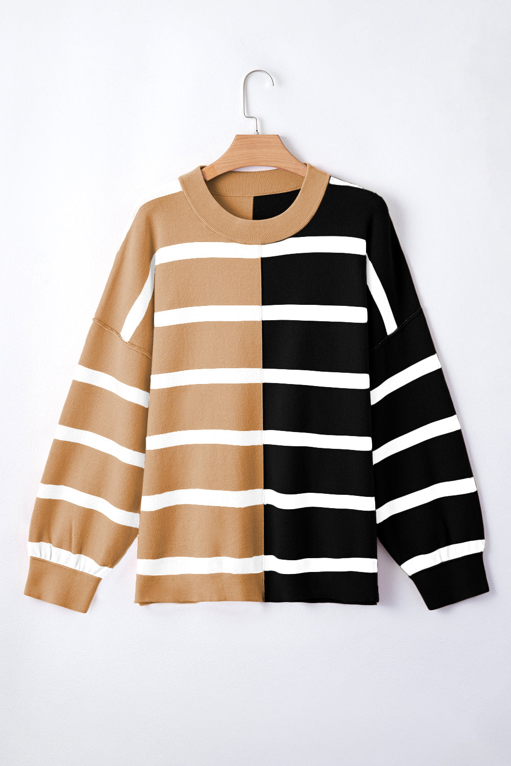 Khaki Stripe Colorblock Oversized Sweater