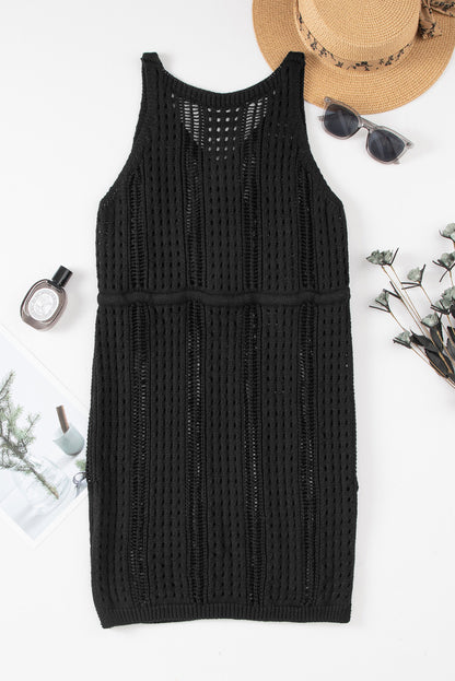 Black Crochet Hollow-out Sleeveless Beach Dress with Drawstring