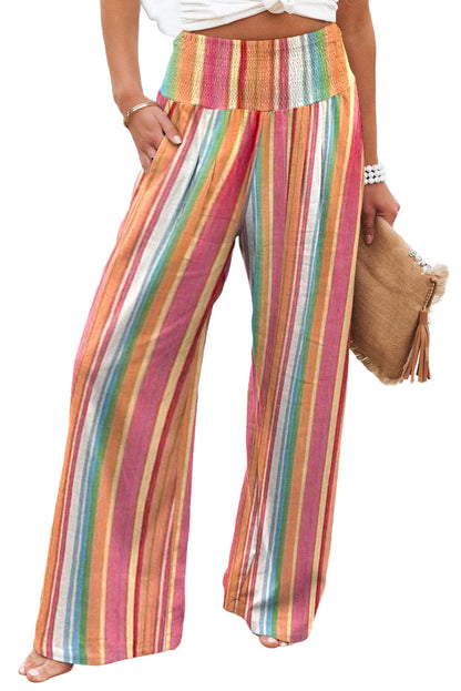 Multicolor Striped Smocked High Waist Wide Leg Pants