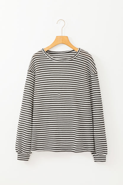 Black Stripe Round Neck Drop Shoulder Long Sleeve Top