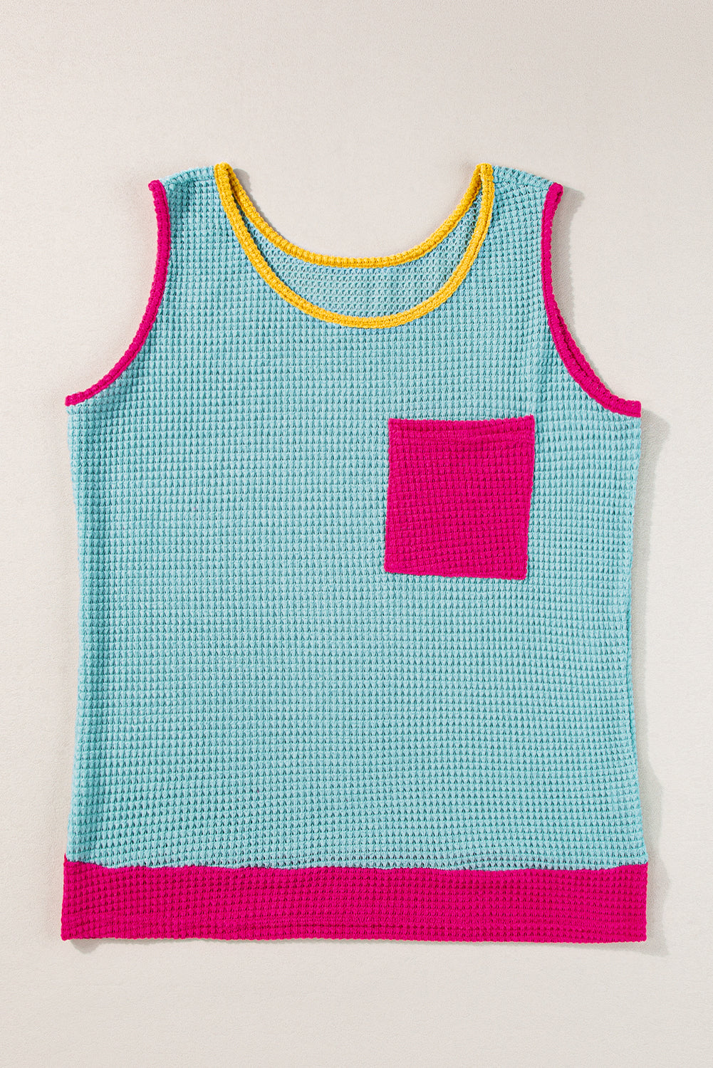 Rose Red Color Block Patched Pocket Breathable Knit Tank Top