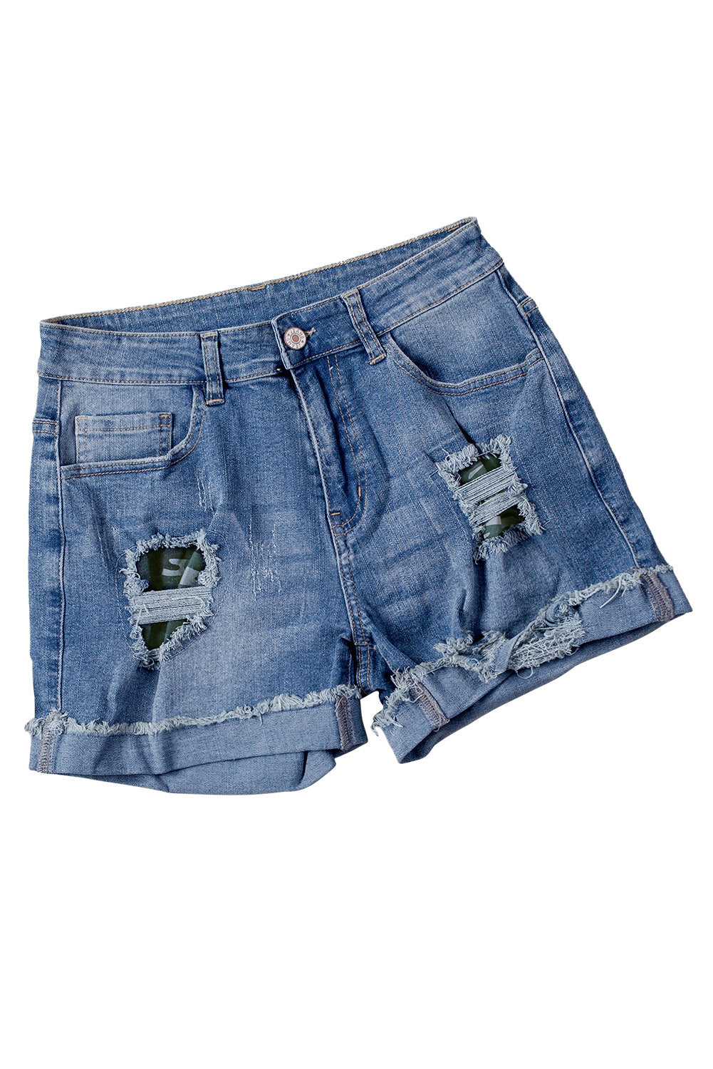 Casual Floral Patchwork Rolled Hem Denim Shorts