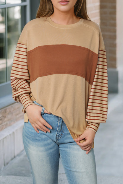 Peach Blossom Colorblock Striped Bishop Sleeve Top