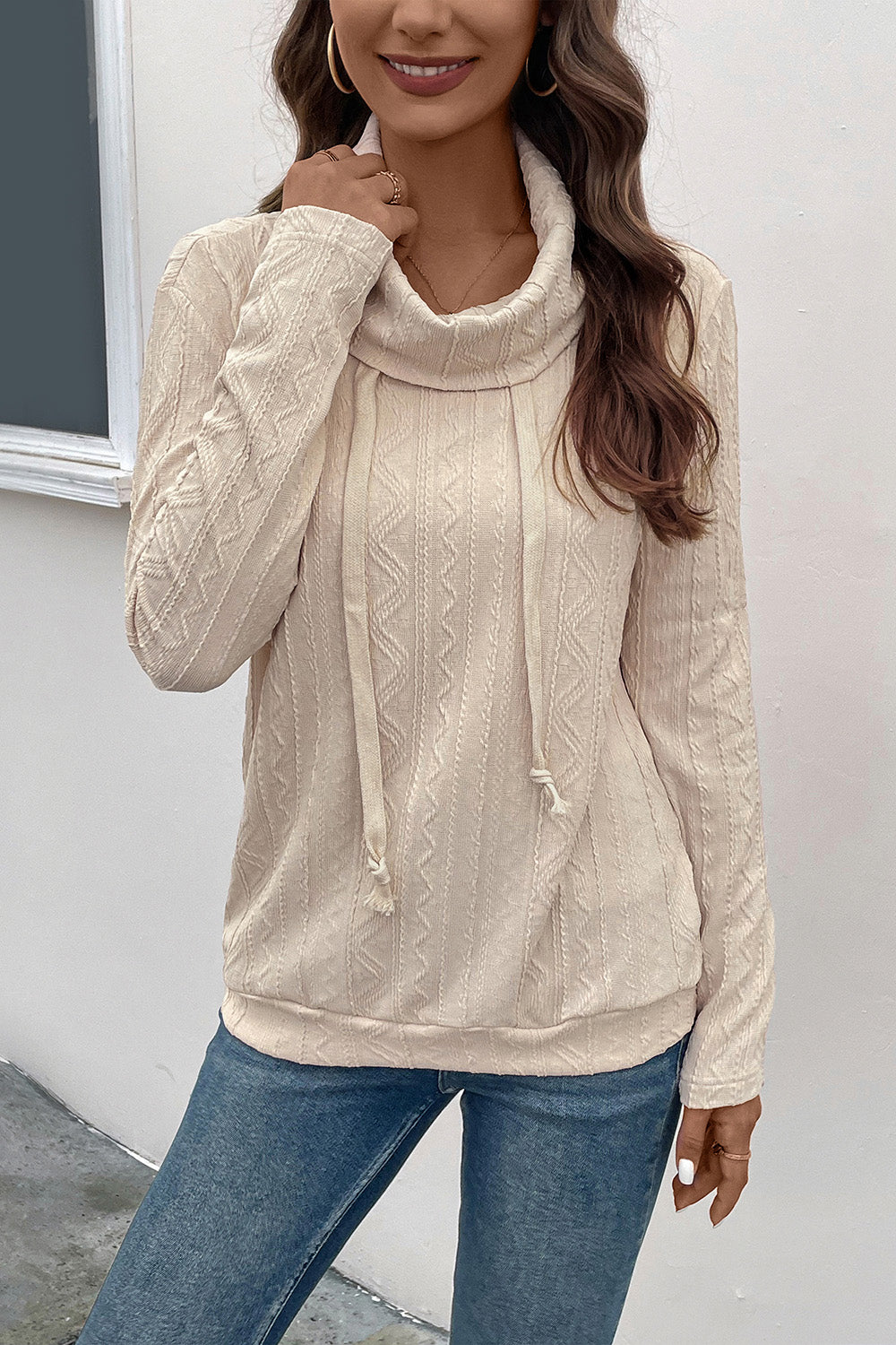 Perfee Tied Mock Neck Long Sleeve Knit Top