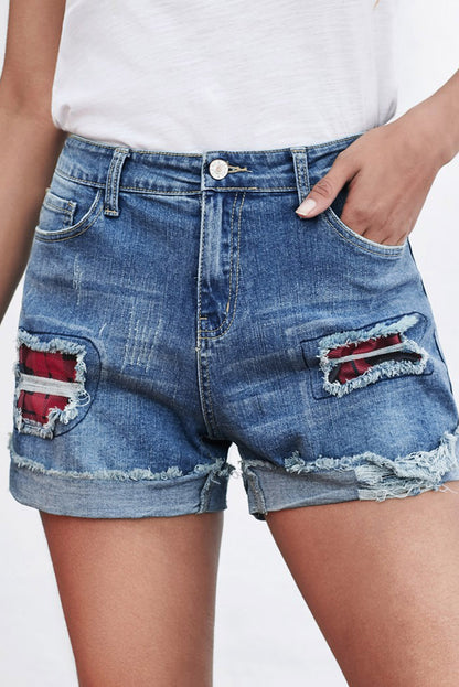 Casual Floral Patchwork Rolled Hem Denim Shorts