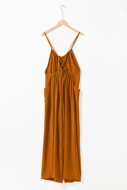 Apricot Spaghetti Straps Waist Tie Wide Leg Jumpsuit with Pockets