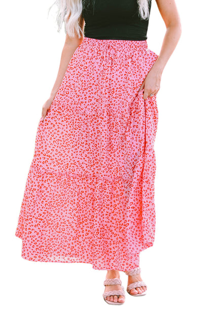 Pink Leopard Print Frilled Drawstring High Waist Maxi Skirt