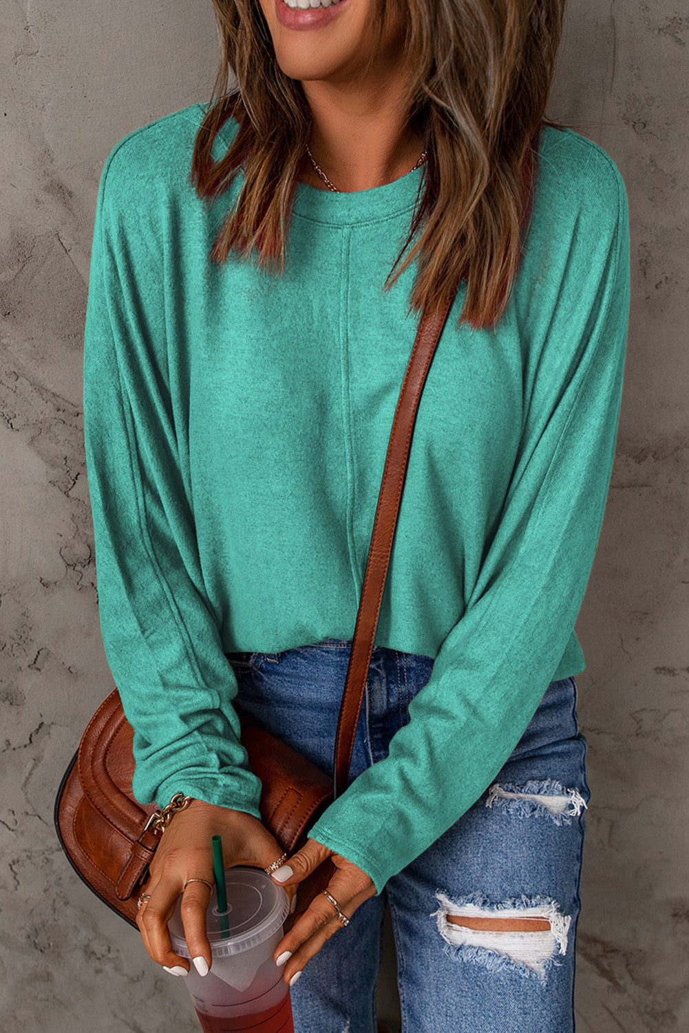 Green Solid Color Patchwork Long Sleeve Top