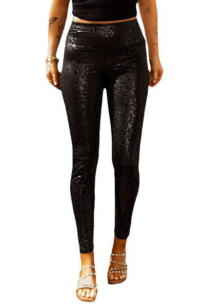 Black Shiny Leopard Textured Leggings