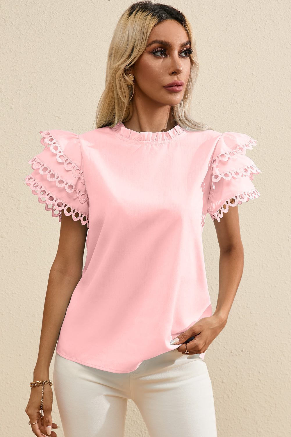 Mint Green Layered Ric Rac Cap Sleeve Frilled Neck Blouse