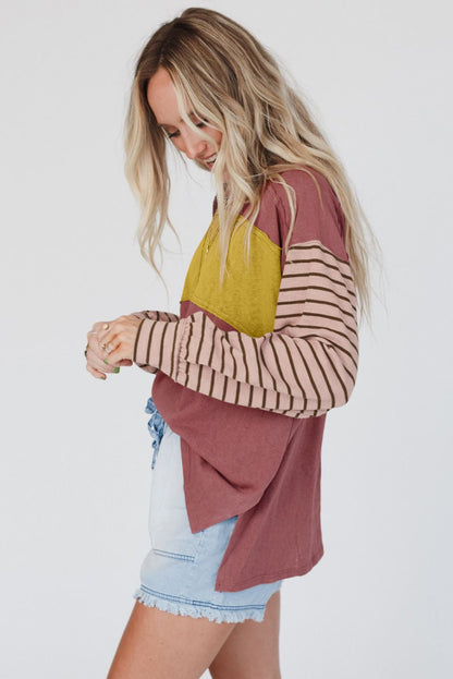 Peach Blossom Colorblock Striped Bishop Sleeve Top