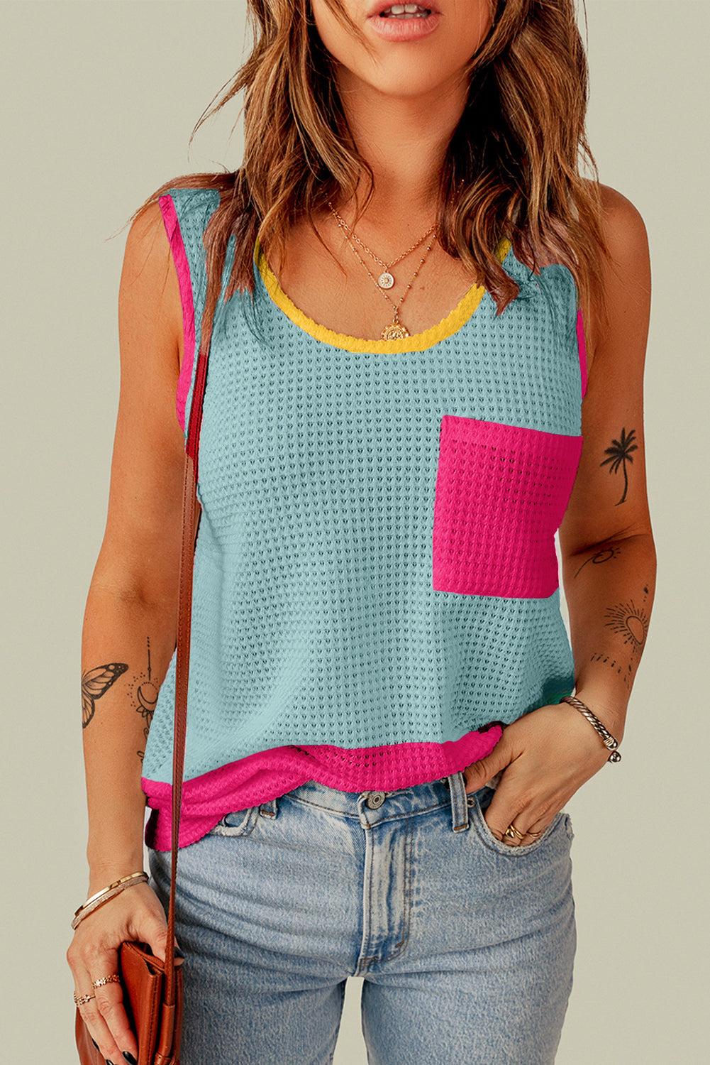 Rose Red Color Block Patched Pocket Breathable Knit Tank Top