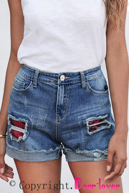 Casual Floral Patchwork Rolled Hem Denim Shorts