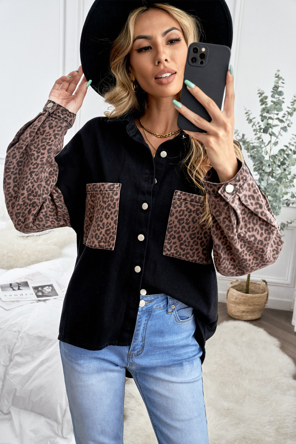 White Contrast Leopard Denim Jacket