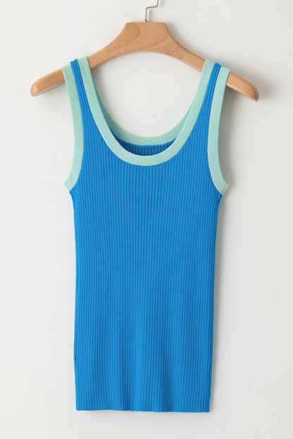 Black Colorblock Edge Ribbed Knit U Neck Tank Top