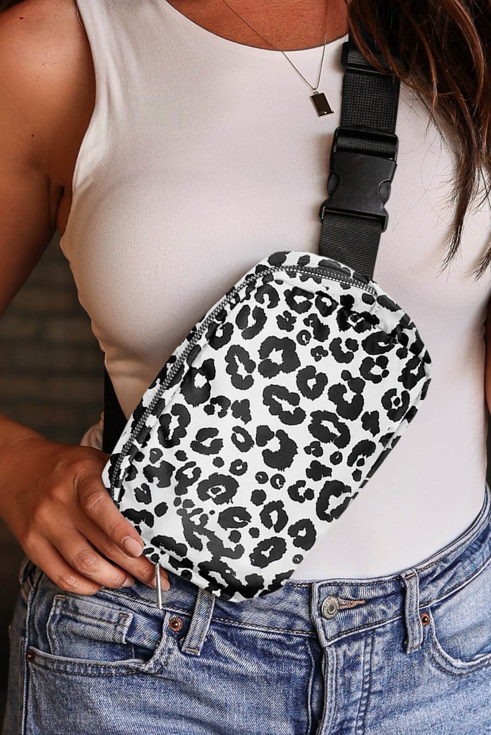 White Leopard Print Buckle Canvas Chest Bag 20*5*14cm