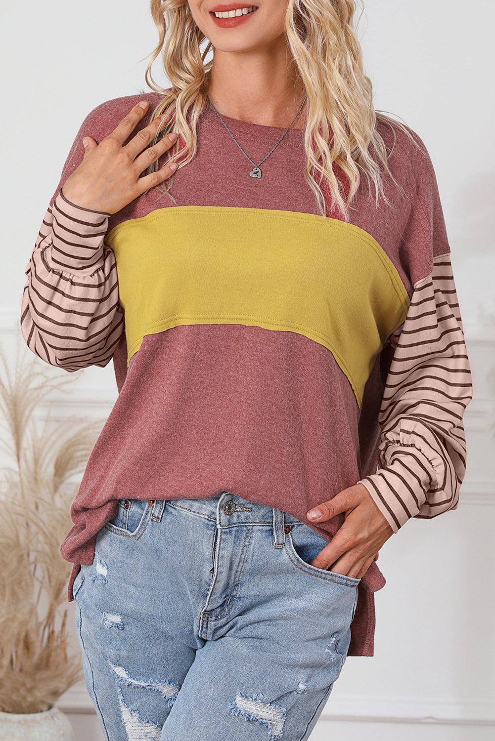 Peach Blossom Colorblock Striped Bishop Sleeve Top