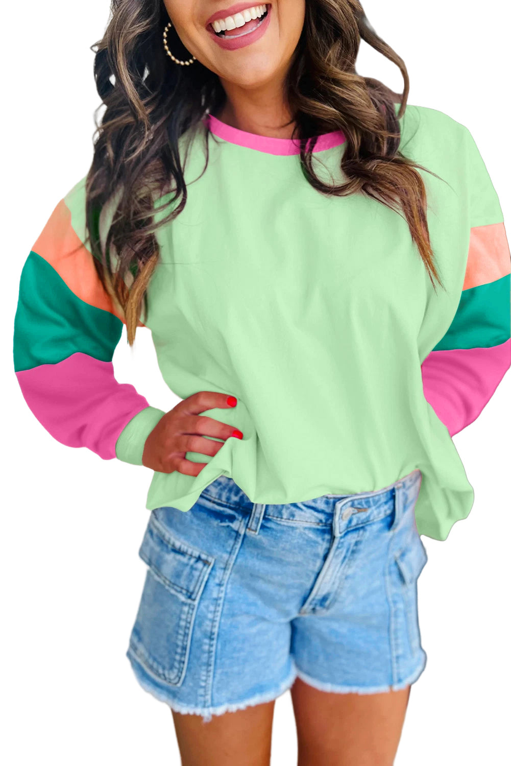 Light Blue Colorblock Patchwork Long Sleeve Loose Top