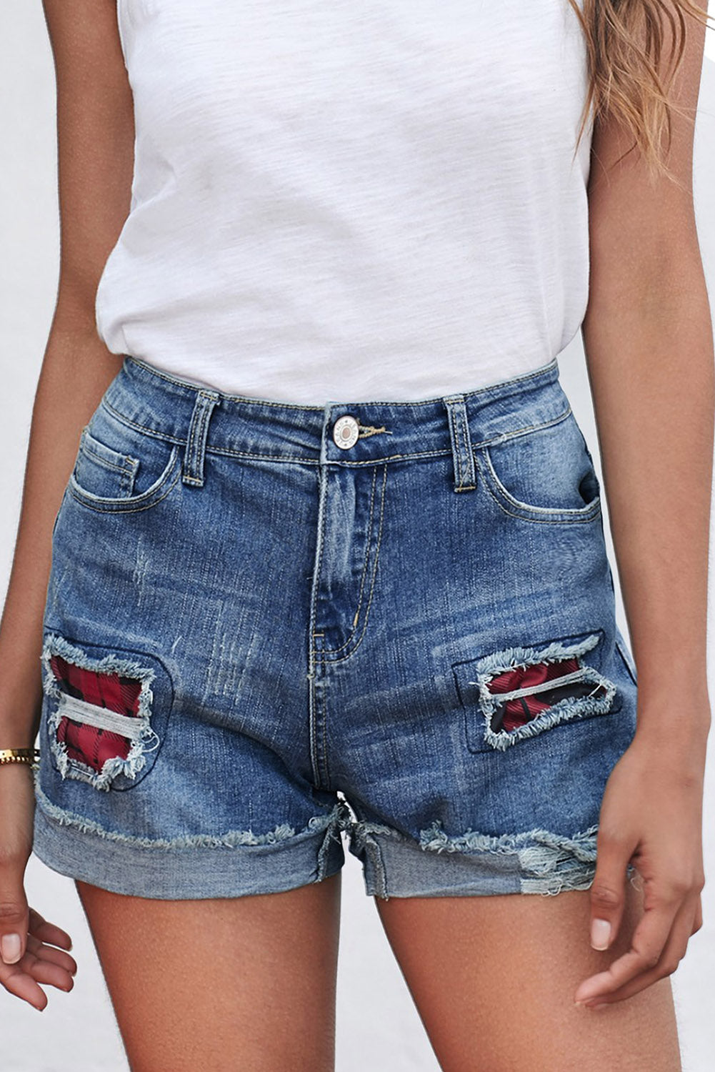 Casual Floral Patchwork Rolled Hem Denim Shorts