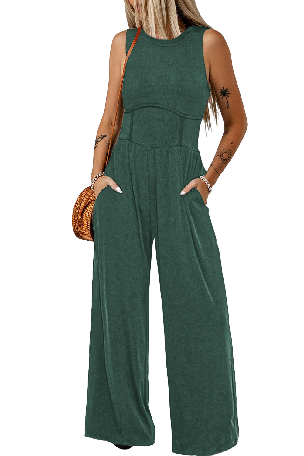 Black Cinched Waist Sleeveless Wide Leg Jumpsuit