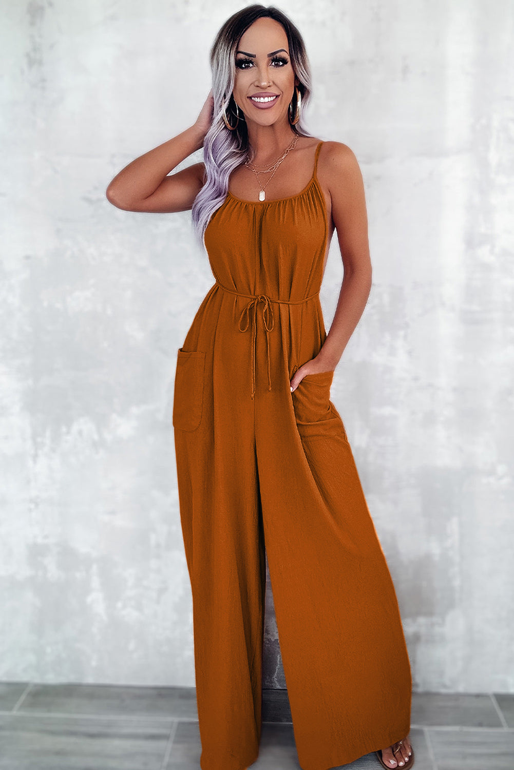 Apricot Spaghetti Straps Waist Tie Wide Leg Jumpsuit with Pockets