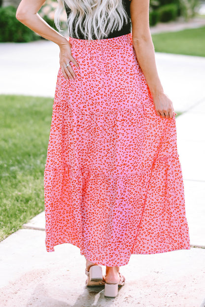 Pink Leopard Print Frilled Drawstring High Waist Maxi Skirt