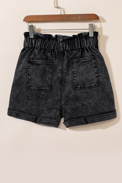 Black Vintage Washed Frilled High Waist Denim Shorts