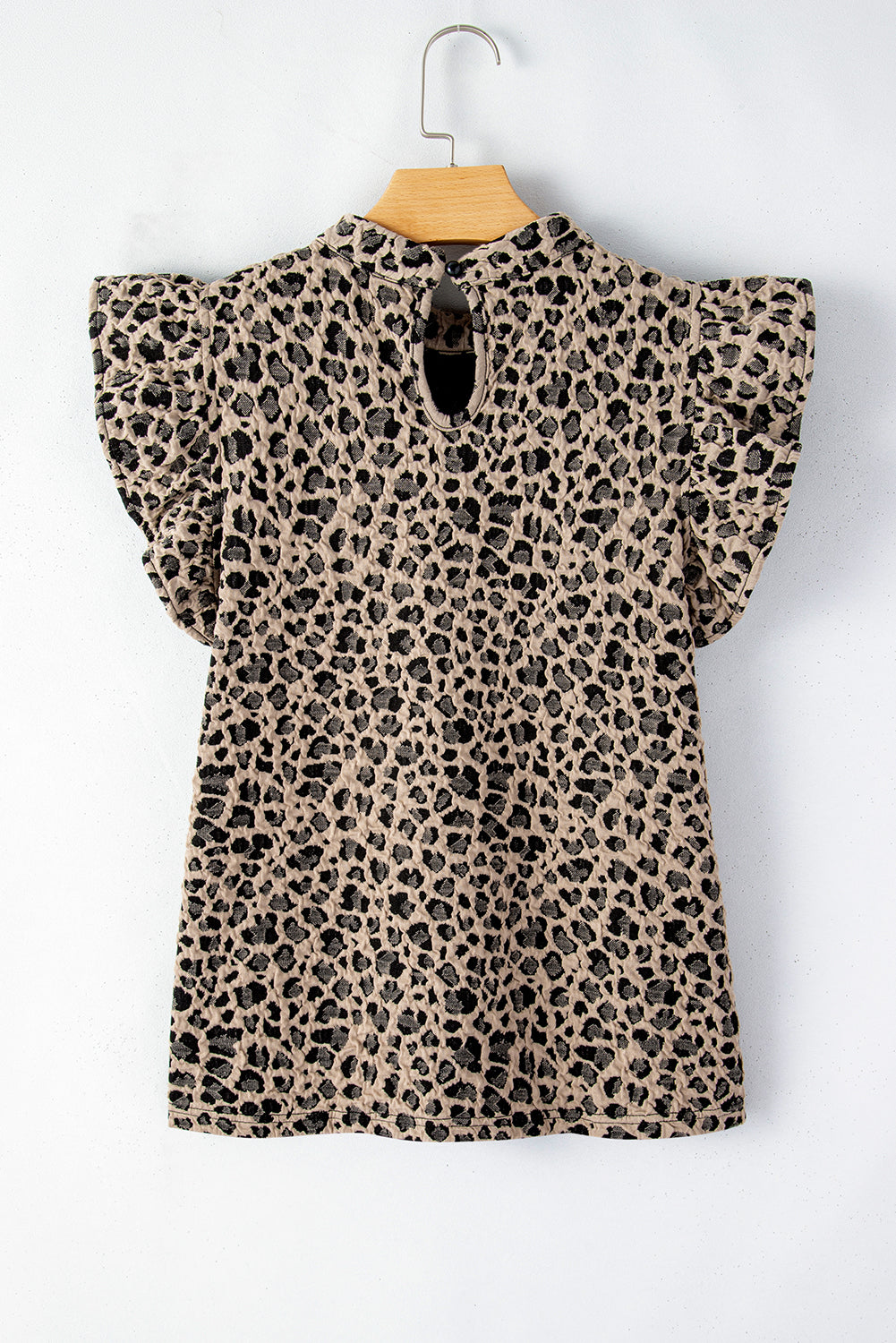 Khaki Animal Print Ruffle Sleeve Back Button Top