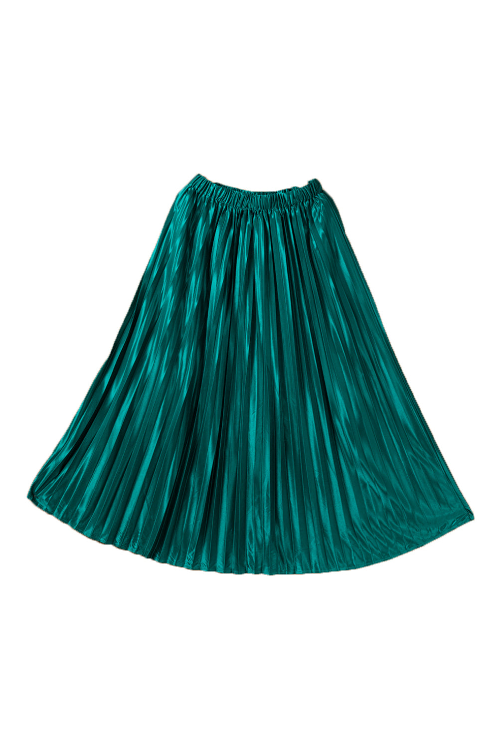 Blackish Green Satin Elastic Waist Pleated Maxi Skirt