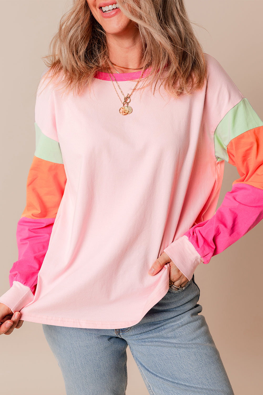 Light Blue Colorblock Patchwork Long Sleeve Loose Top