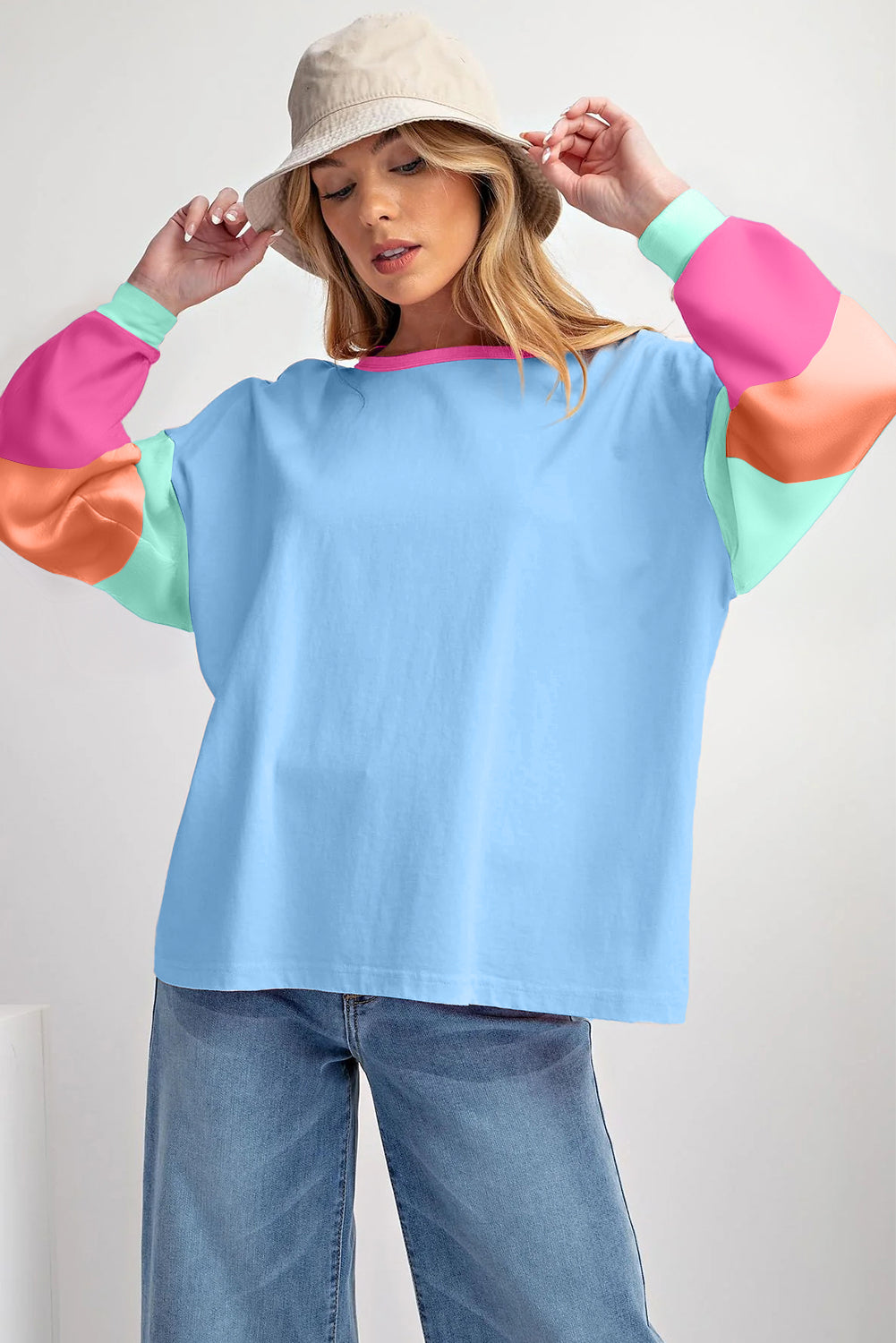 Light Blue Colorblock Patchwork Long Sleeve Loose Top