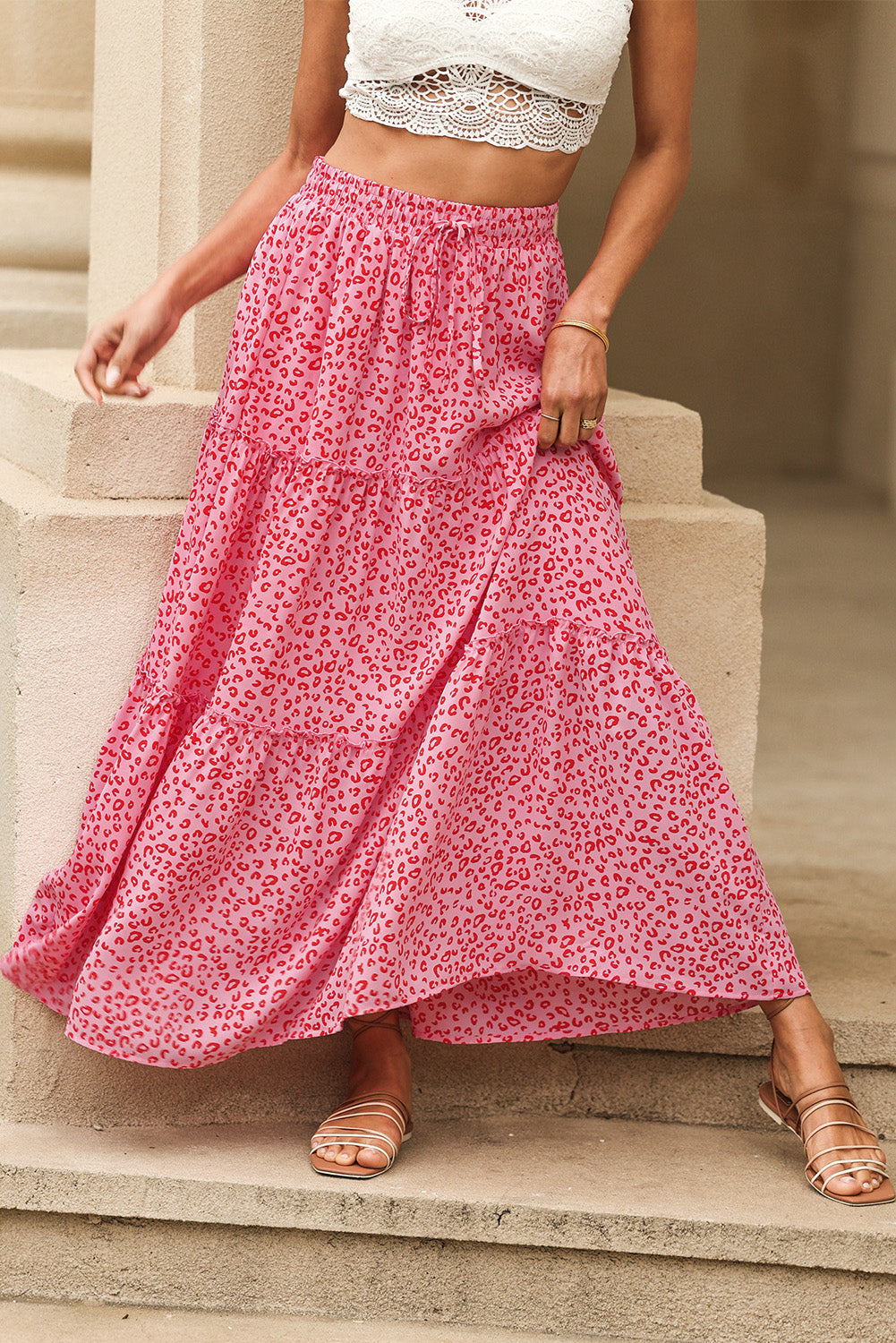 Pink Leopard Print Frilled Drawstring High Waist Maxi Skirt