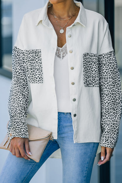 White Contrast Leopard Denim Jacket