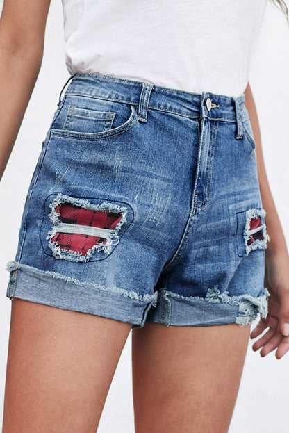 Casual Floral Patchwork Rolled Hem Denim Shorts