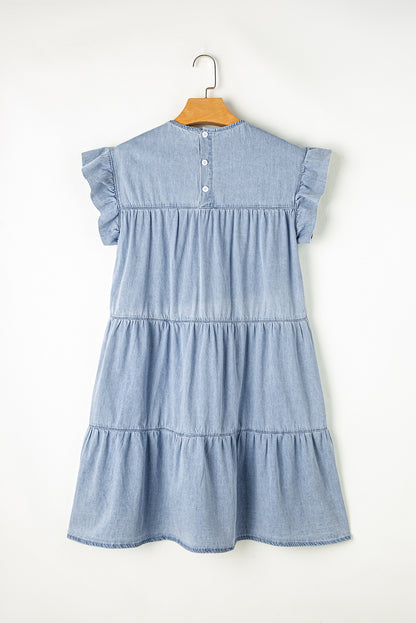 Beau Blue Ruffle Short Sleeve Tiered A-line Denim Dress