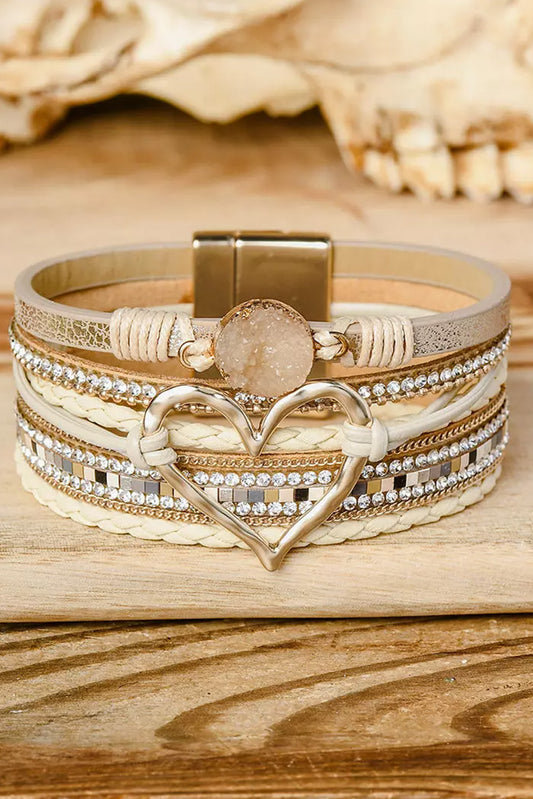 Beige Bohemian Heart Rhinestone Magnetic Buckle Bracelet