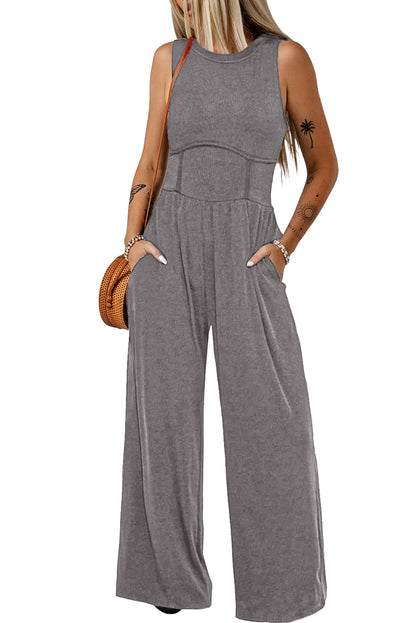 Black Cinched Waist Sleeveless Wide Leg Jumpsuit