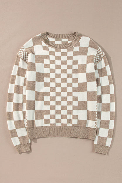 Khaki Checkered Print Drop Shoulder Round Neck Sweater