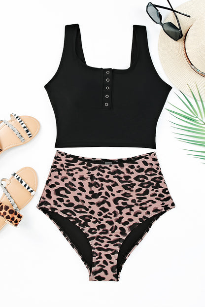 Leopard Square Neck Sleeveless Fashion Print Tankini Set