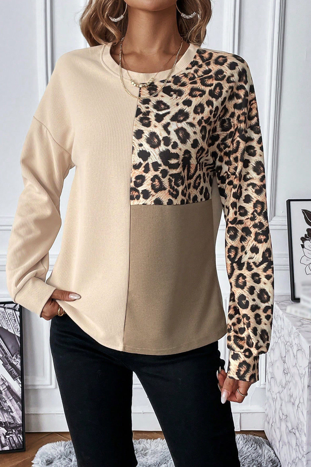 Bonbon Leopard Colorblock Waffle Knit Top