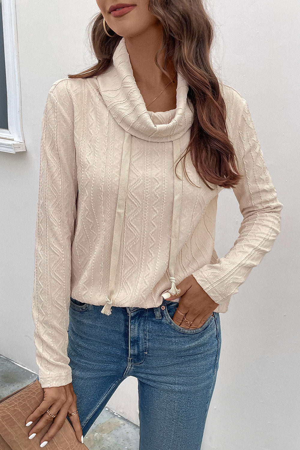 Perfee Tied Mock Neck Long Sleeve Knit Top