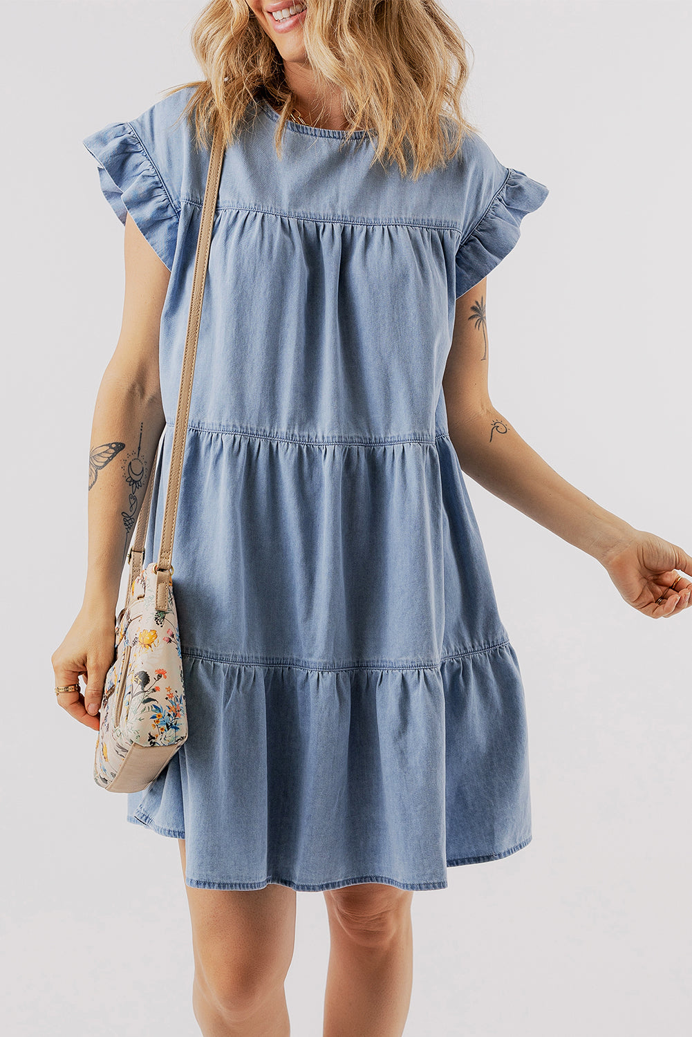 Beau Blue Ruffle Short Sleeve Tiered A-line Denim Dress