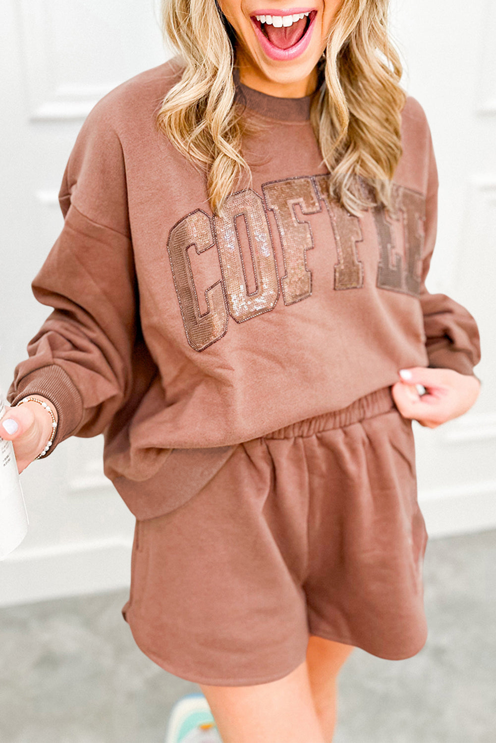 Straw Yellow Sequined COFFEE Loose Fit Sweatshirt and Shorts Set